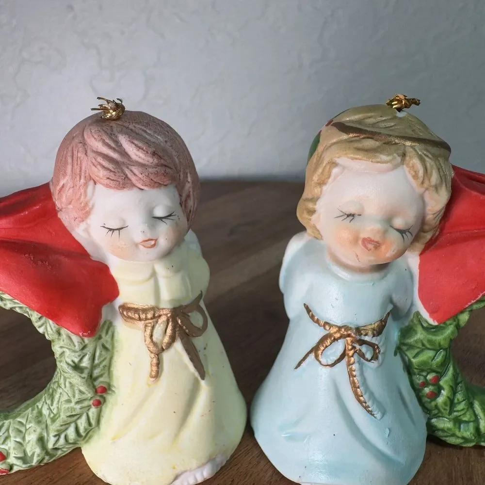 Vintage 70's Jasco Little Chimers Christmas Bell Napkin Rings 2 Angel‎ Wreathes